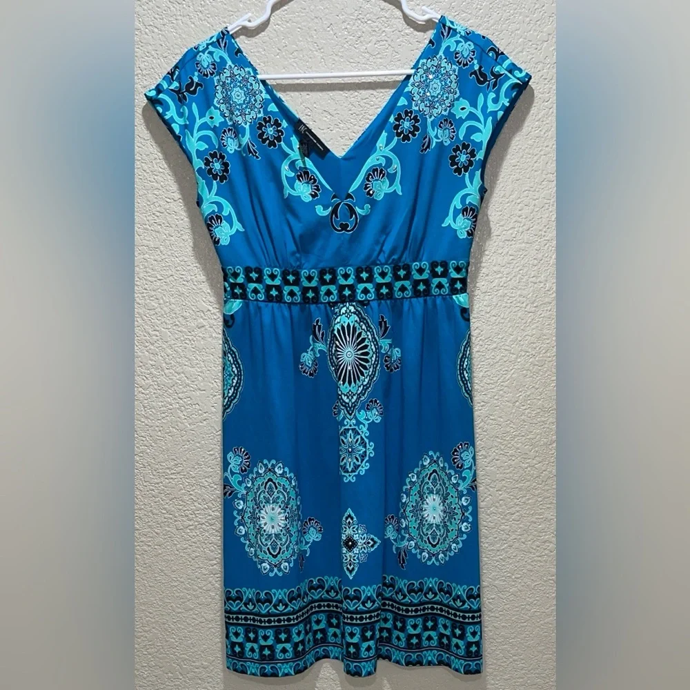 INC International Concepts Teal and Black Patterned Midi Dress - Picture 1 of 4